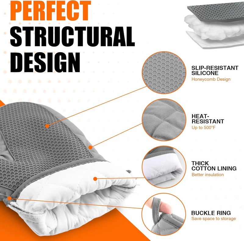 HSEEC Silicone Oven Mitts, Heat Resistant 2PCS Oven Mitts with Soft Cotton Lining, Waterproof Non-Slip Grip Oven Glove, Kitchen Potholder Mits for BBQ, Baking, Cooking, 10.5Inch - Dark Grey - Image 3